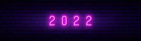 2022 neon sign. Glowing pink number 2022 on dark brick wall background. Happy New Year neon signboard. Stock vector illustration.のイラスト素材