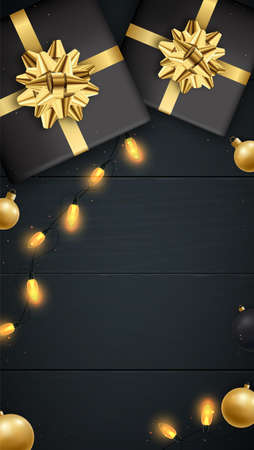 Christmas vertical banner. Xmas design template for social networks, instastories, web sites, party invitation. Realistic 3d ornate objects.のイラスト素材