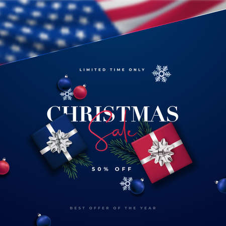 Modern Merry Christmas Sale design template with blured US flag. Xmas composition top view. Vector promo banner.のイラスト素材