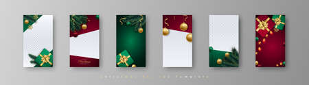 6 Christmas trendy editable template for  stories. Realistic gift boxes, baubles, stars and garlands. Design for social media.のイラスト素材
