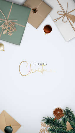 Christmas instastories. Realistic fir tree branch, cinnamon, orange slice, berries, gift craft box, envelope and pine cone. Scandinavian style. Template for vertical banner, website advertising, party invitation, social media.のイラスト素材
