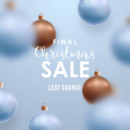 Christmas Sale banner. Light blue background with realistic 3d blue and bronze Xmas bauble balls hanging on fishing line. Christmas balls motion blur effect.のイラスト素材