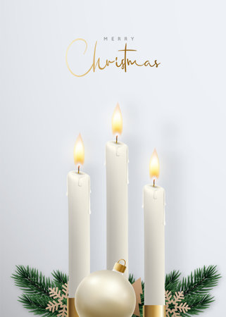 Merry Christmas Realistic Shining Candles. Xmas composition on Gray background with three Candle Flame, tree branches, snowflakes and Christmas ball. Scandinavian style. New Year greeting card.のイラスト素材