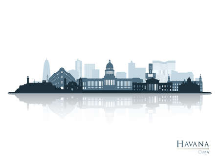Havana skyline silhouette with reflection. Landscape Havana, Cuba. Vector illustration.のイラスト素材