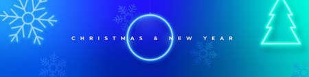 Christmas and New Year long banner. Blue and green glowing festive background. Hanging Xmas ball shape electric circle frame. Hanging snowflake and Christmas tree.のイラスト素材