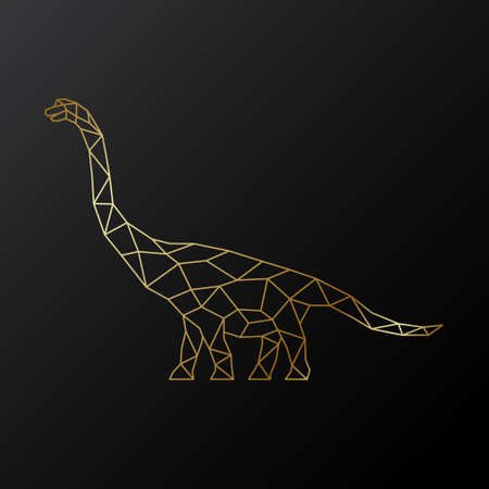 Golden polygonal Brachiosaurus dinosaur illustration isolated on black background. Geometric dinosaur emblem. Vector illustration.のイラスト素材