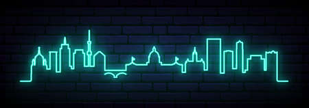 Blue neon skyline of Saint Paul. Bright Saint Paul City long banner. Vector illustration.のイラスト素材