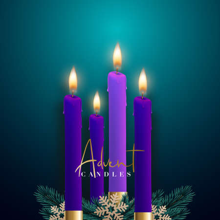 Realistic four Purple candles on dark green background. Festive Christmas banner. Advent banner. Stock vector illustration.のイラスト素材