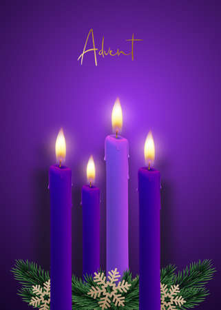 Advent candles on a dark purple background. 4 realistic violet candles, tree branches and snowflakes. Christmas illustration.のイラスト素材