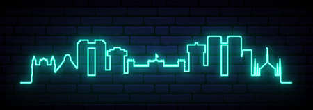 Blue neon skyline of Guatemala city. Bright Guatemala city long banner. Vector illustration.のイラスト素材