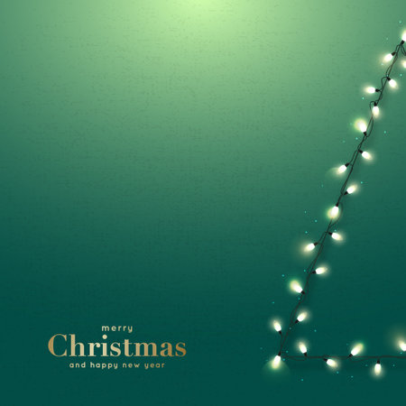 Christmas card vector template. Glowing garlands on green wall background. New Year design for website advertising, banner, social media etc.のイラスト素材
