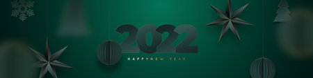 2022 Happy New Year banner. Abstract background with volumetric paper origami balls, stars, snowflakes, christmas trees with gilded border. Christmas balls motion blur effect.のイラスト素材