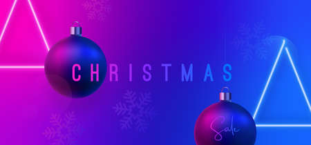 Christmas Sale neon banner. Bright signboard with realistic balls and LED lamps in form of Christmas tree. Xmas advertising banner.のイラスト素材