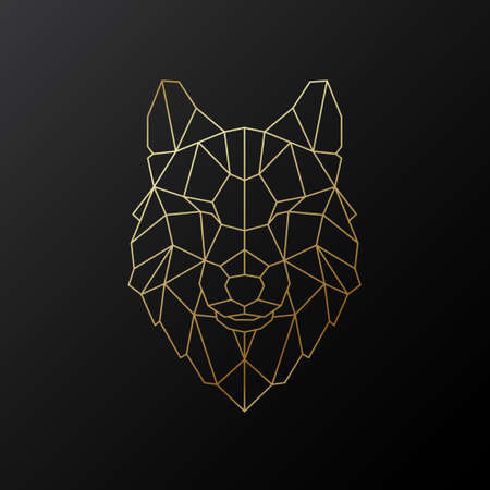Vector Wolf head illustration in polygonal style. Golden geometric Wolf silhouette on black background. Vector mascot.のイラスト素材