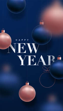 Happy New Year banner. Festive rose gold and blue balls hanging on fishing line. Christmas balls motion blur effect. Xmas greeting card.のイラスト素材