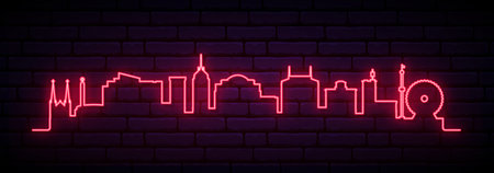 Red neon skyline of Fresno. Bright Fresno City long banner. Vector illustration.のイラスト素材