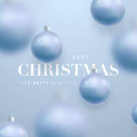 Merry Christmas and Happy New Year. Design of xmas decoration balls hanging on fishing line. Christmas balls motion blur effect.のイラスト素材