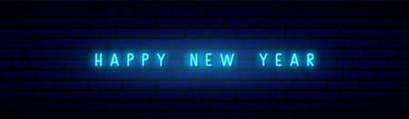 Happy New Year Neon signboard. NYE blue glowing inscription on dark brick wall background. Design template for web banner, web header, social media.のイラスト素材