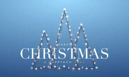 Three abstract Christmas tree made of garland lights. Greeting card with Xmas tree on blue wall background. New Year vector banner.のイラスト素材