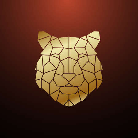 Gold Polygonal Tiger head. Geometric Tiger Portrait. Vector template for tattoo, clothes, t-shirt, poster etc. Mascot wild cat.のイラスト素材
