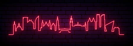 Red neon skyline of The Hague. Bright The Hague City long banner. Vector illustration.のイラスト素材