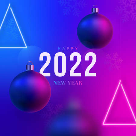 2022 Happy New Year. Realistic Xmas balls and glowing blue, pink neon christmas tree. Christmas balls motion blur effect. Hanging decorative elements on futuristic backdrop.のイラスト素材