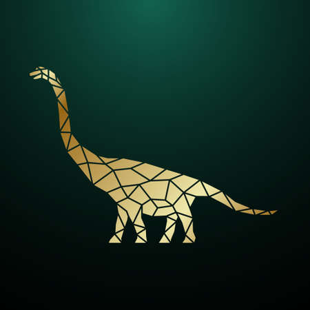 Golden geometric Brachiosaurus dinosaur illustration. Polygonal dinosaur silhouette. Stock vector illustration.のイラスト素材