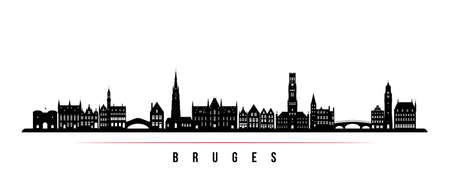 Bruges skyline horizontal banner. Black and white silhouette of Bruges, Belgium. Vector template for your design.のイラスト素材