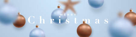 Merry Christmas long banner. Festive banner with Xmas baubles and star hanging on fishing line. New Year template for web site, store promotion, social media. Christmas balls motion blur effect.のイラスト素材
