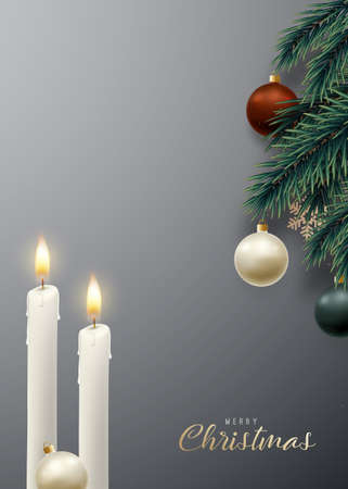 Christmas candle combined with realistic Christmas tree branches, balls and snowflake on gray wall background. Xmas greeting card. Stock vector illustration. Scandinavian style.のイラスト素材