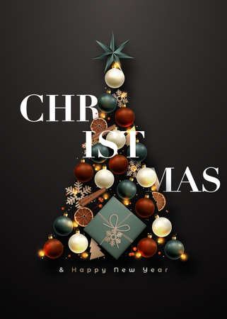Abstract Christmas tree on dark background. Realistic cinnamon, orange slice, berries, gift craft box, envelope, pine cone and light garlsnds. CHristmas vertical banner.のイラスト素材