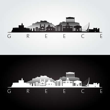 Greece skyline and landmarks silhouette, black and white design, vector illustration.のイラスト素材