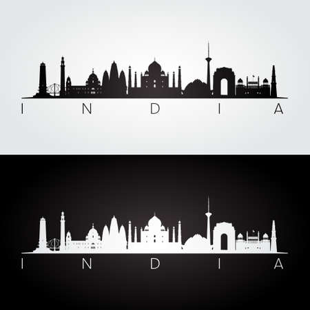 India skyline and landmarks silhouette, black and white design, vector illustration.のイラスト素材