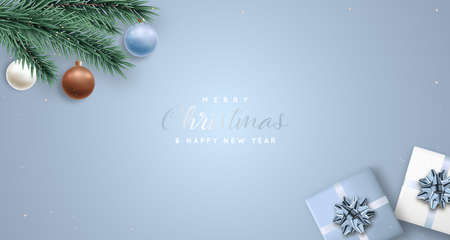 Christmas present banner. New Year flat lay composition. Xmas decoration on light blue background. Sale season.のイラスト素材