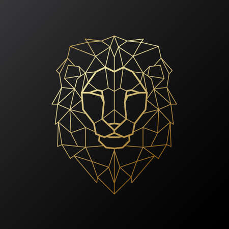 Vector Lion head illustration in polygonal style. Golden geometric Lion silhouette on black background. Vector mascot.のイラスト素材