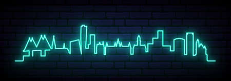 Blue neon skyline of Malmo. Bright Malmo City long banner. Vector illustration.のイラスト素材