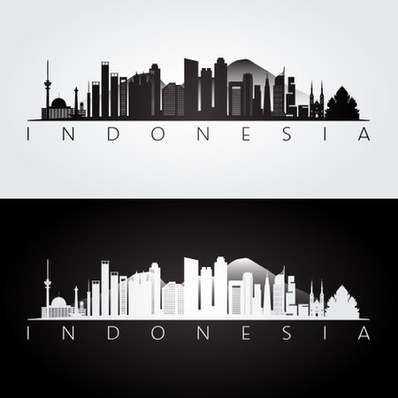 Indonesia skyline and landmarks silhouette, black and white design, vector illustration.のイラスト素材