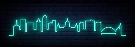Blue neon skyline of Des moines. Bright Des moines City long banner. Vector illustration.のイラスト素材