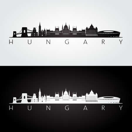 Hungary skyline and landmarks silhouette, black and white design, vector illustration.のイラスト素材