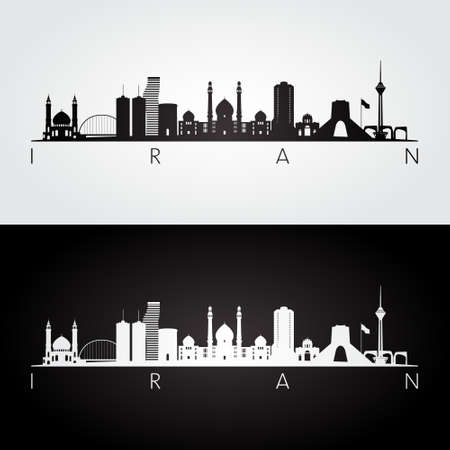 Iran skyline and landmarks silhouette, black and white design, vector illustration.のイラスト素材