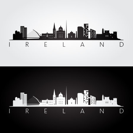Ireland skyline and landmarks silhouette, black and white design, vector illustration.のイラスト素材