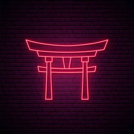 Japan gate neon sign. Glowing Japan gate icon on dark brick wall background. Vector illustration in neon style.のイラスト素材