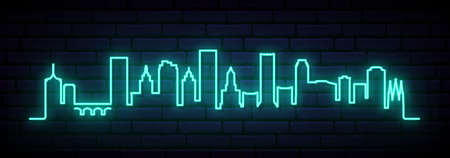 Blue neon skyline of Tulsa. Bright Tulsa City long banner. Vector illustration.のイラスト素材