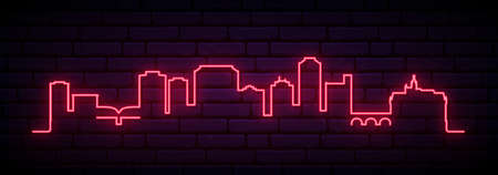 Red neon skyline of Saskatoon. Bright Saskatoon City long banner. Vector illustration.のイラスト素材