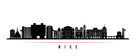 Nice skyline horizontal banner. Black and white silhouette of Nice, France. Vector template for your design.のイラスト素材