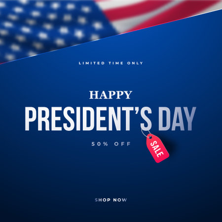 Presidents Day Sale banner. Vector festive background with realistic American flag and text. Design template for advertisement, social media ads, poster, greeting card.のイラスト素材