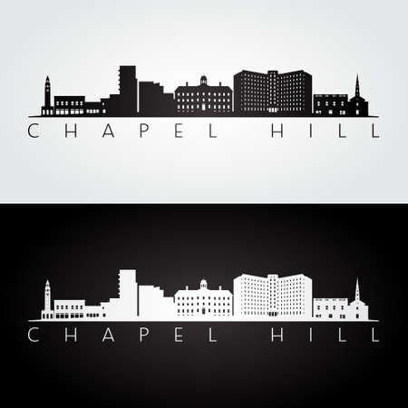 Chapel Hill, NC USA skyline and landmarks silhouette, black and white design, vector illustration.のイラスト素材