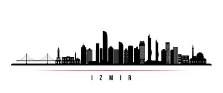 Izmir skyline horizontal banner. Black and white silhouette of Izmir, Turkey. Vector template for your design.のイラスト素材