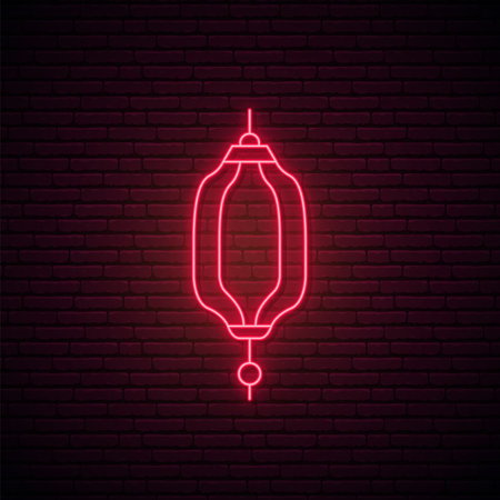 Neon Chinese lantern sign. Glowing red paper lantern on brick background. Bright light banner for Chinese New Year. Vector illustration in neon style.のイラスト素材