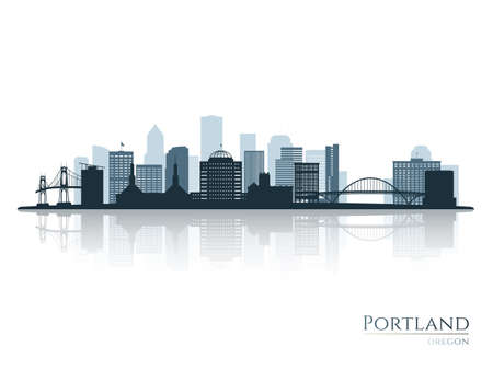 Portland skyline silhouette with reflection. Landscape Portland, Oregon. Vector illustration.のイラスト素材